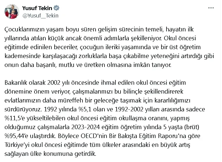 Bakan Tekin: Okul öncesi eğitimde okullaşma oranını yüzde 95